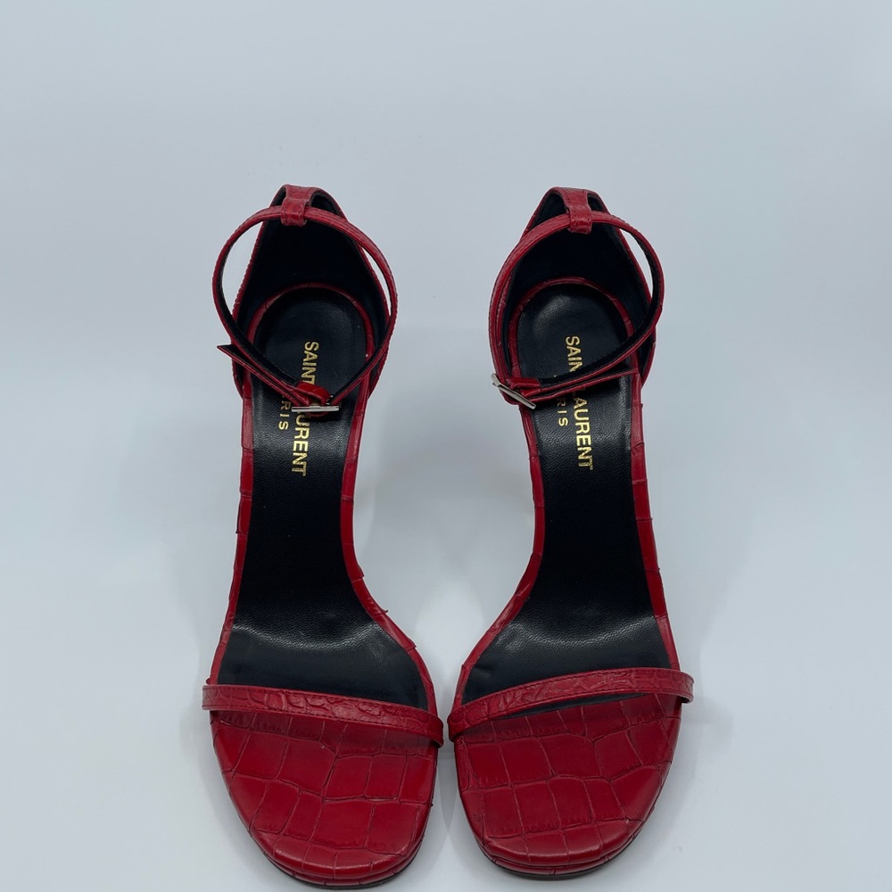 Croc Saint Laurent Red Suede Heels with Elegant Straps